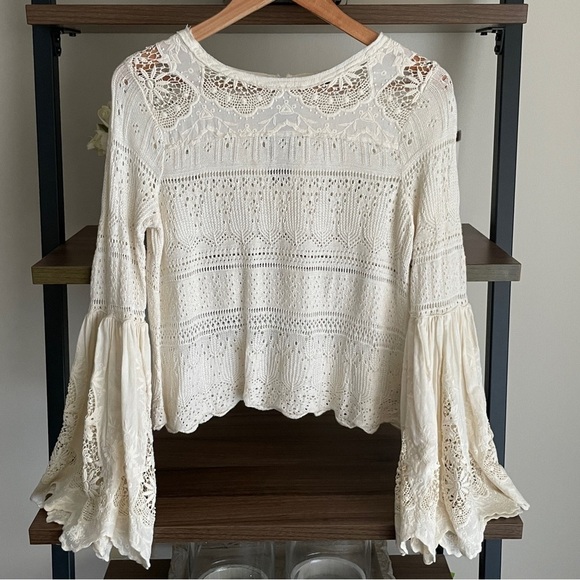 Free People Cream Crocheted Lace Bell Sleeve Top, Size XS Romantic Boho - Picture 3 of 15